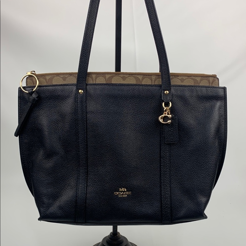 Coach Black Brown Pebbled Leather Signature C Tote shoulder bag Gold charm New